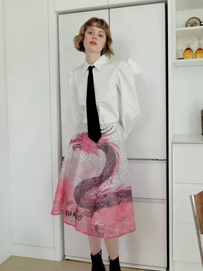 polka dot dragon print mid-length skirt 