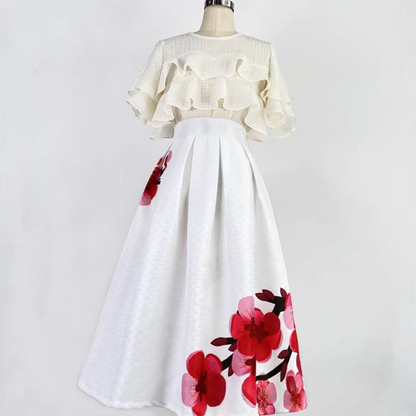 red plum blossom mid-length A-line skirt