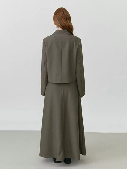 olive green solid color retro A-line long skirt