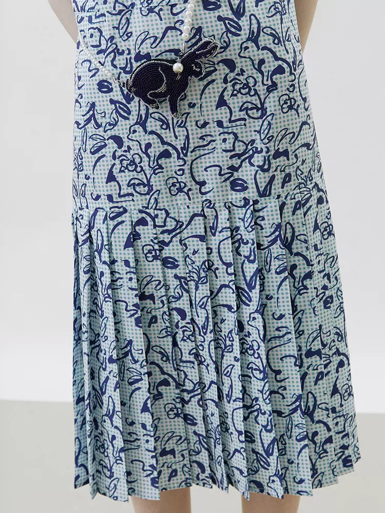 hand-painted printed V-neck pleated skirt 