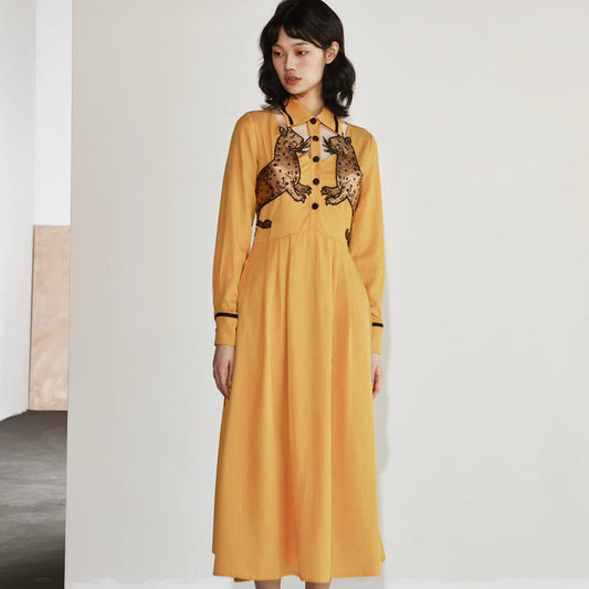 yellow leopard cat embroidered hollow long-sleeved dress