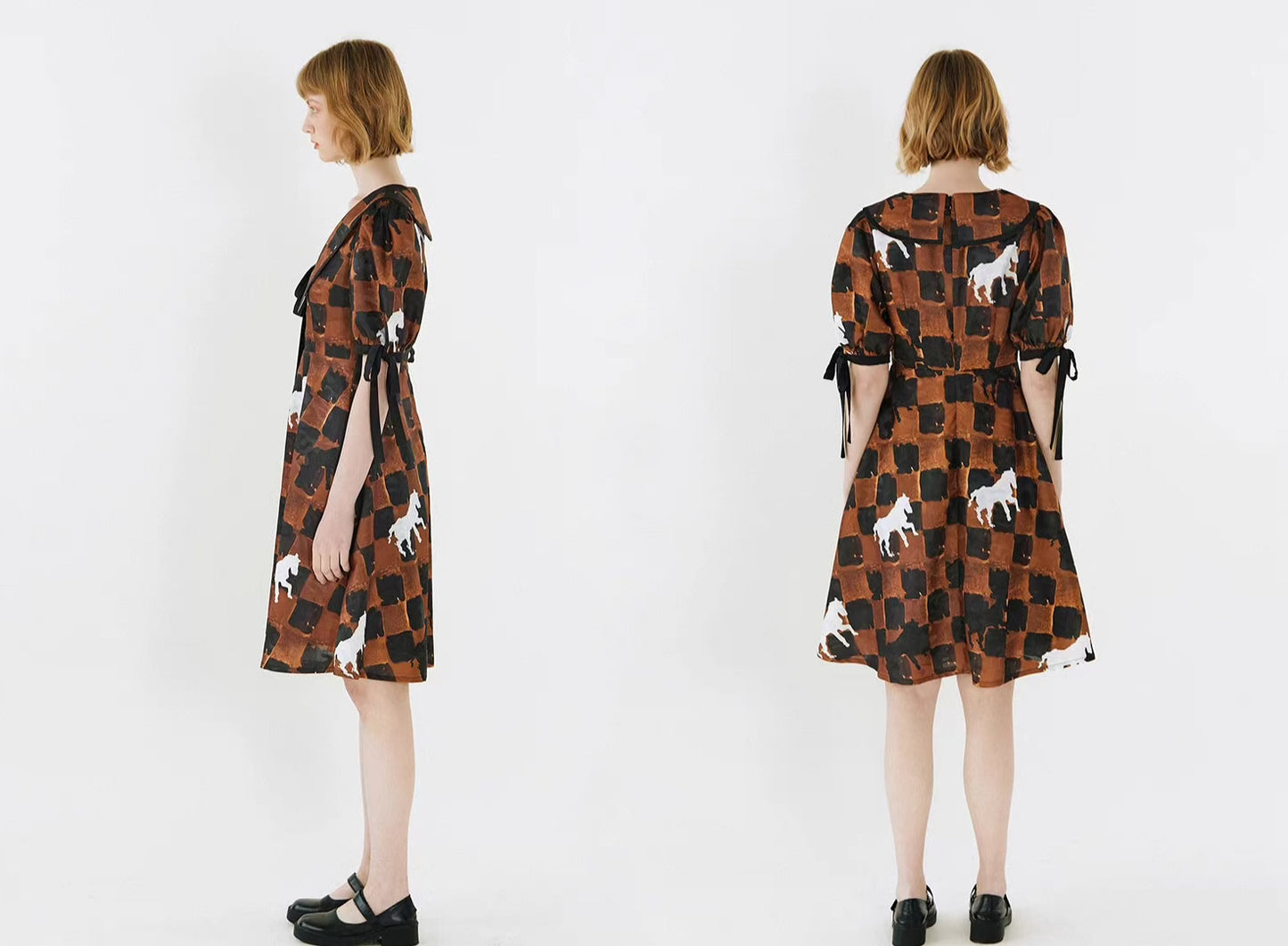 checkerboard pony print lapel dress 