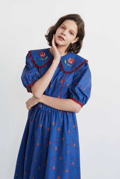 retro blue rose printed doll collar short-sleeved dress 