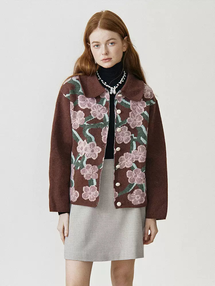 maroon contrasting color flower lapel sweater jacket 