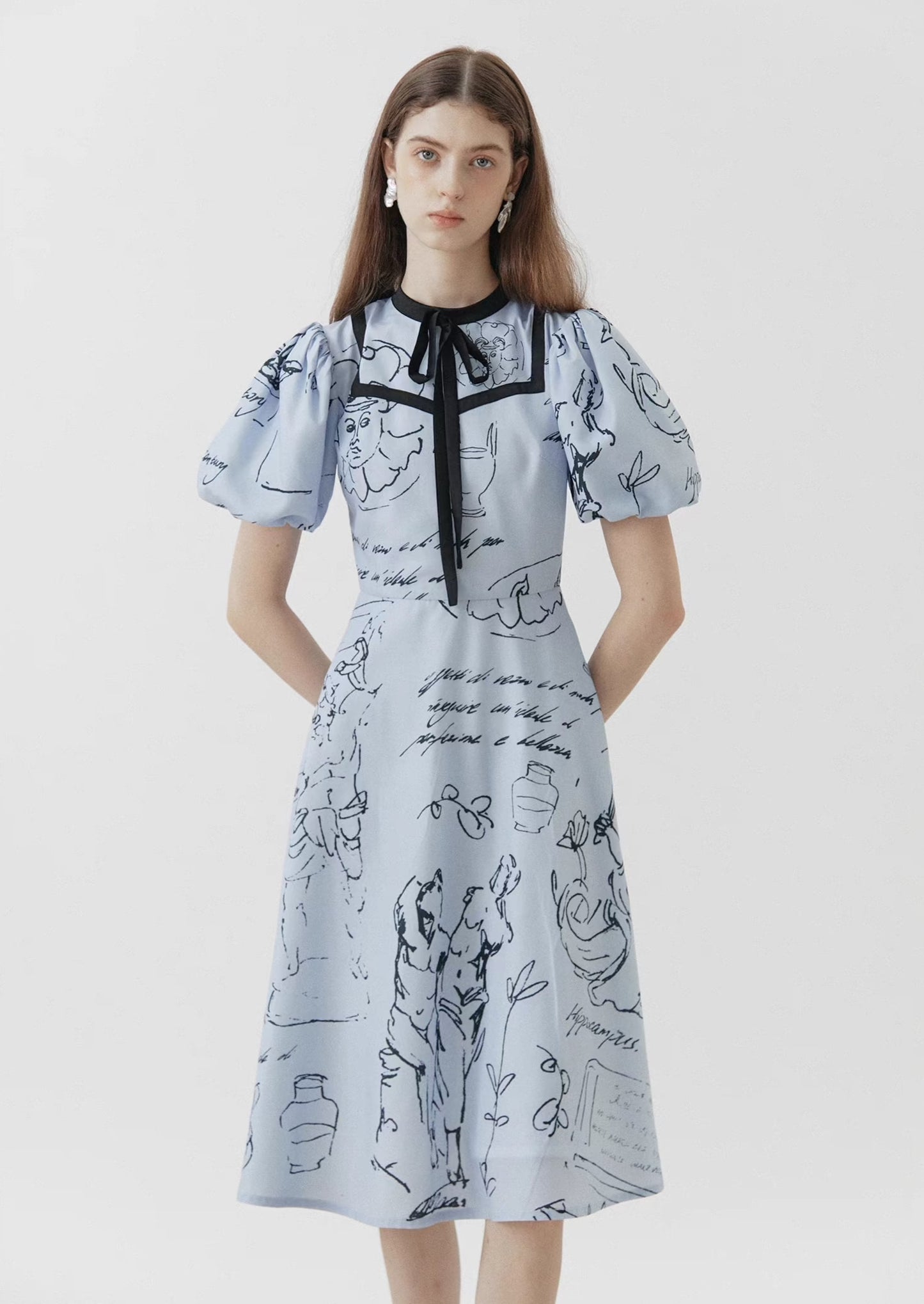 blue Pompeii hand-painted bow short-sleeved dress