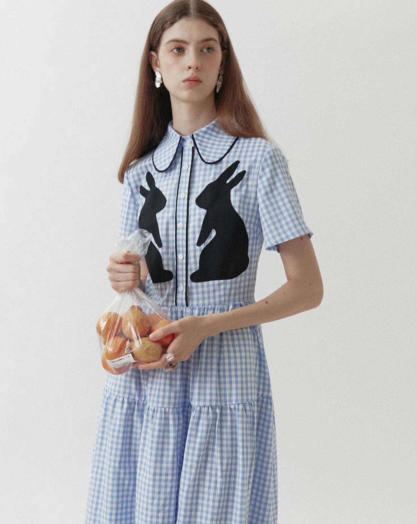 plaid black rabbit patch short-sleeved dress