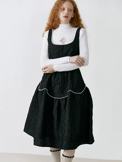 retro little black acquard pearl trim sleeveless dress