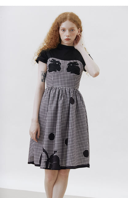 Polka Dot Rabbit Plaid Suspender Skirt
