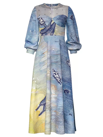 Blue butterfly print long sleeve dress