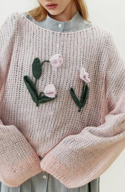 Mohair hollow handmade tulip knitted sweater 