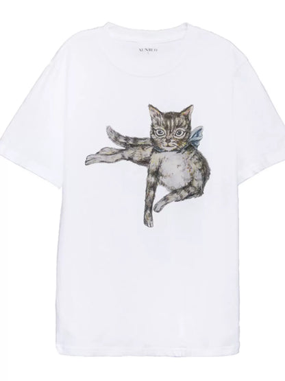 hand-painted cat short-sleeved T-shirt 