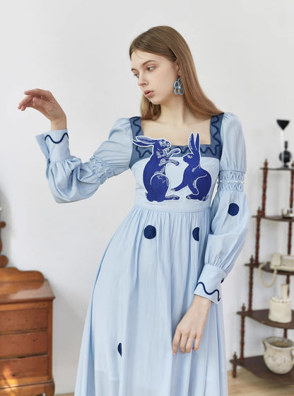 blue and white rabbit embroidery polka dot square collar dress 