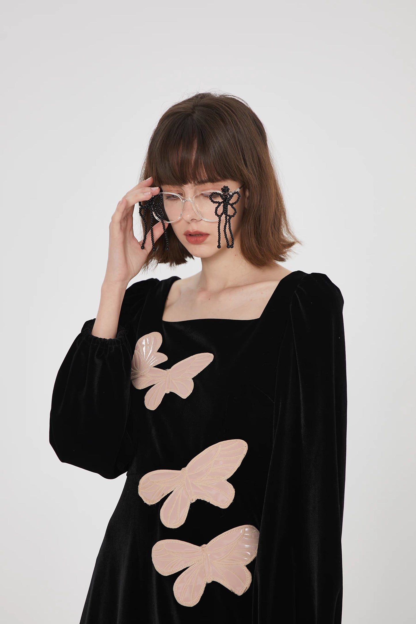 pink butterfly embroidered square collar velvet dress