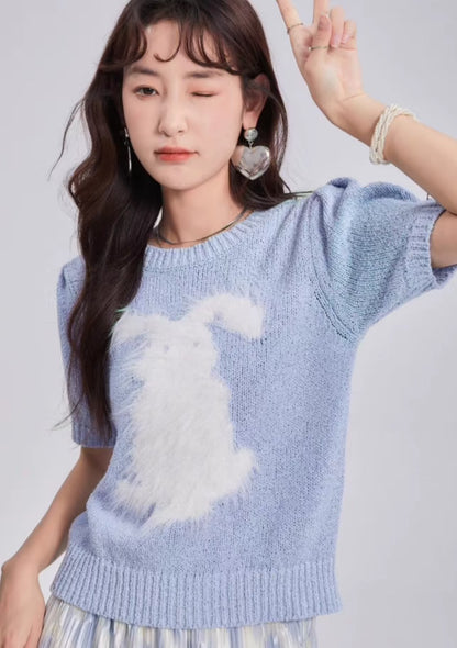 rabbit mink fur round neck short-sleeved knitted T-shirt 