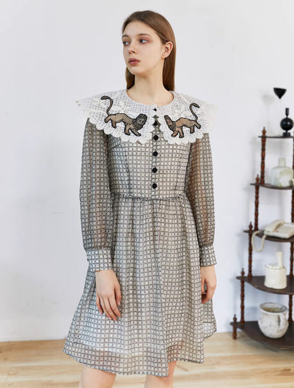 plaid rion embroidery large lapel long-sleeved dress