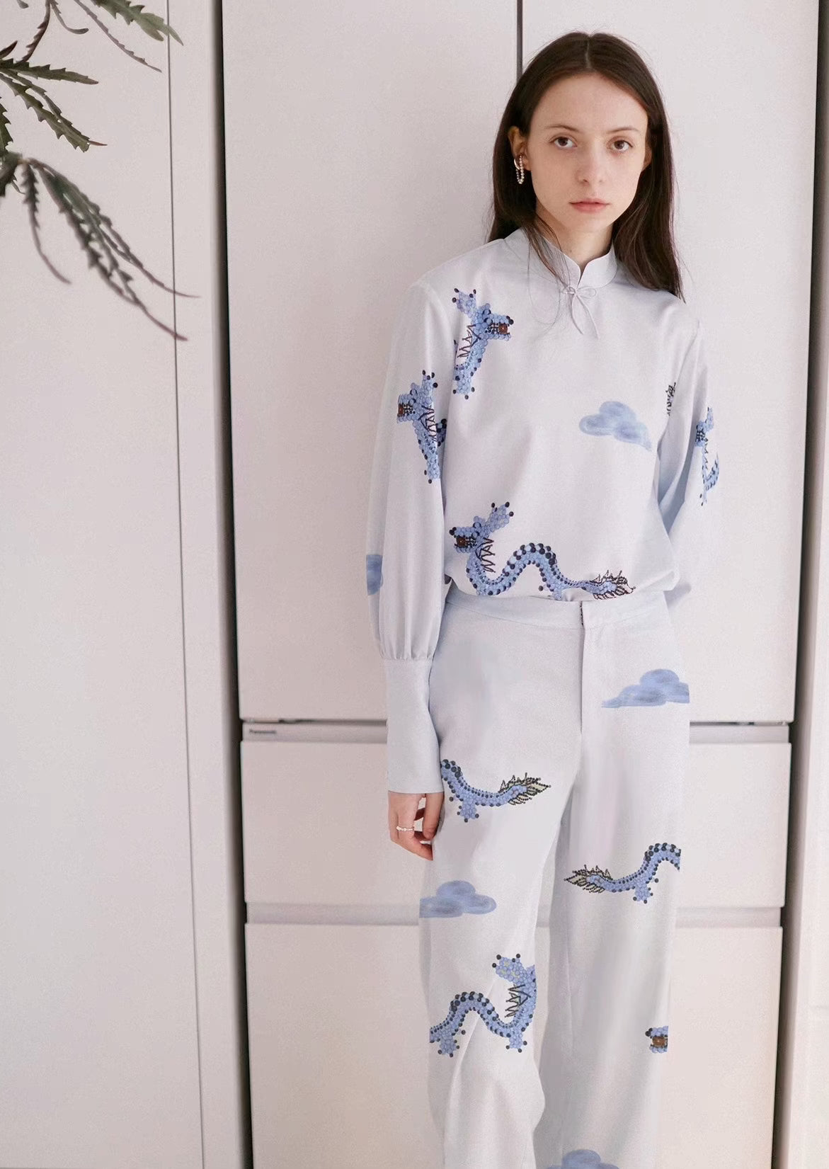 national style blue dragon cloud printed pants 