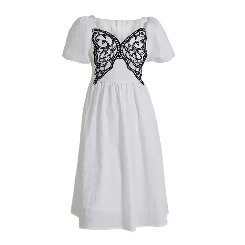 butterfly embroidered puff sleeve square neck dress 