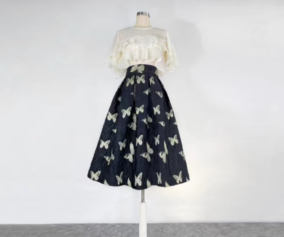 Butterfly retro embroidered high-waisted A-line fluffy skirt