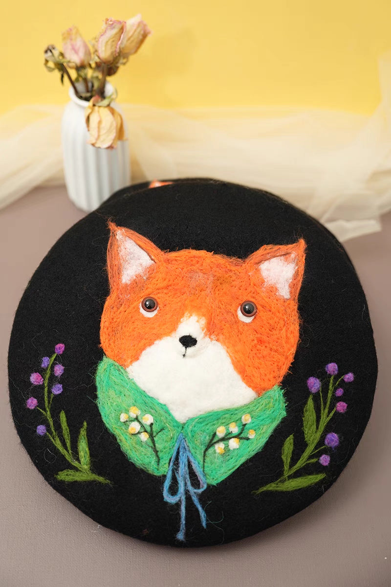 wool felt cute cartoon fox literary beret hat