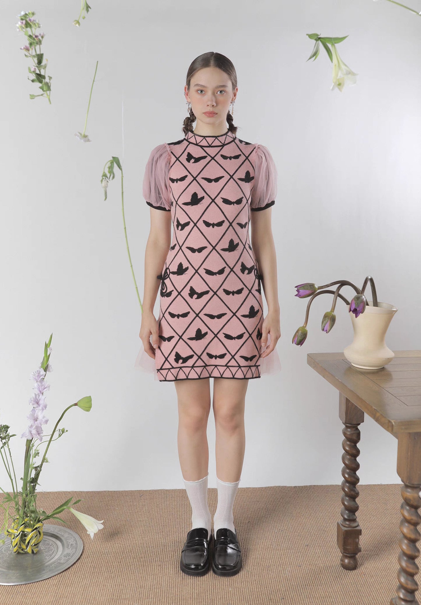 pink mesh sleeve butterfly knitted dress 