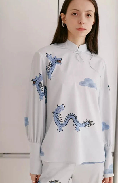 blue dragon cloud print bow shirt 