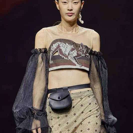 cat embroidered lantern sleeve top