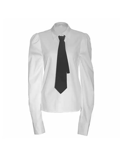 Puff Sleeve Black Tie Long Sleeve White Shirt