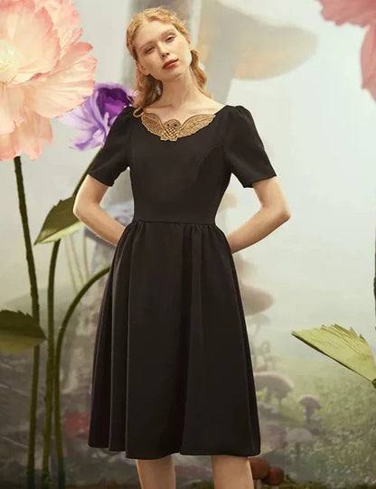 Embroidered Round Neck Owl Simple Dress 
