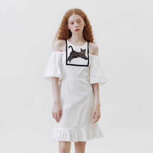 cat embroidered suspender straps dress
