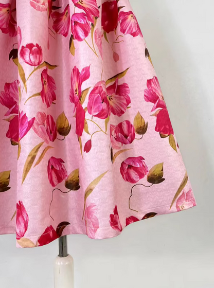 pink Hepburn elegant printed high-waisted puffy skirt