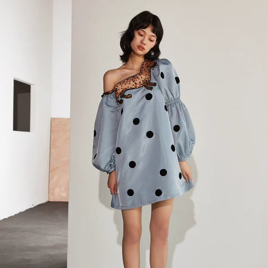 leopard cat polka dot oblique shoulder long sleeved dress