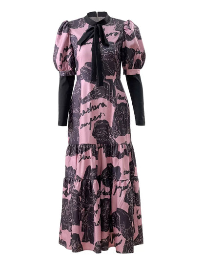 pink and ink portrait print lace dress 