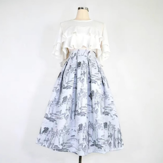 ink painting bird embroidered high-waisted skirt 