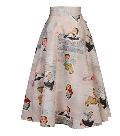 Girl Character Print High Waist Umbrella Skirt