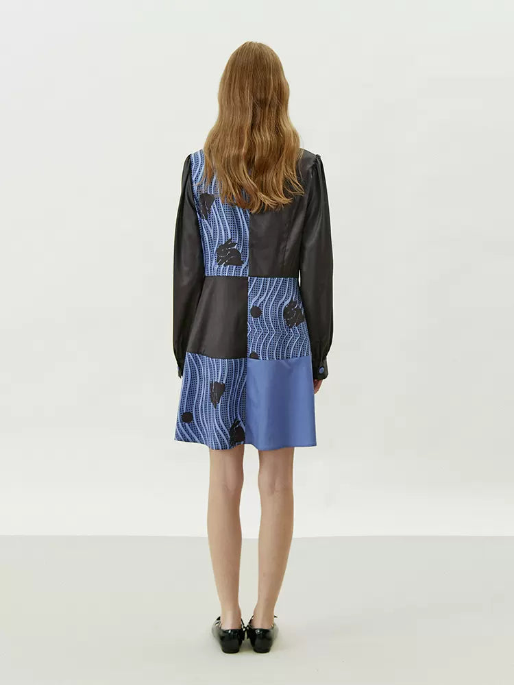 blue and black wave pattern splicing print dress