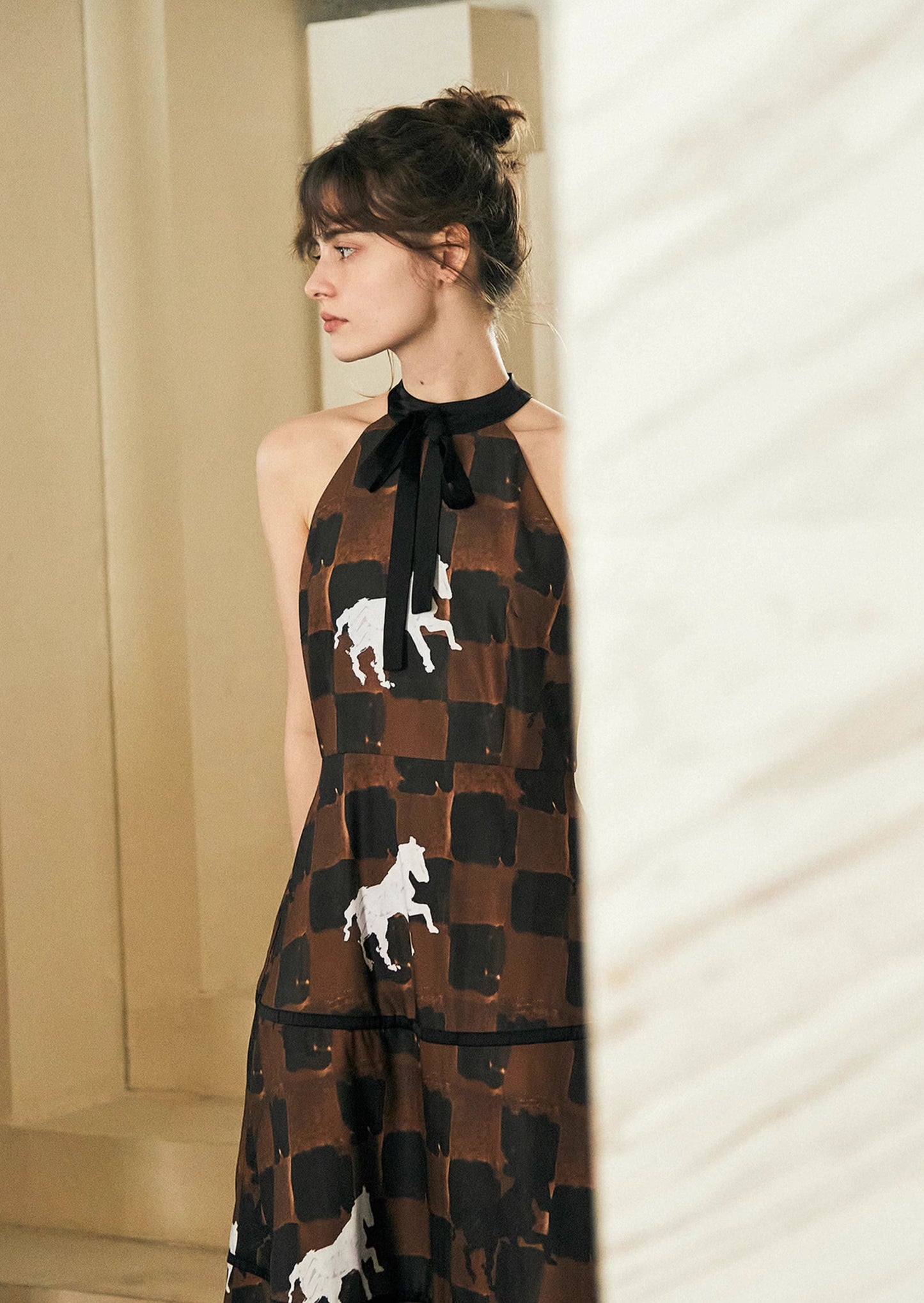 checkerboard pony print sleeveless long dress