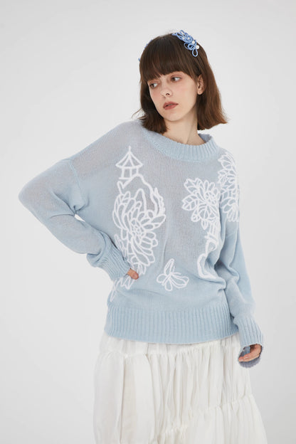 blue and white national style scene embroidered sweater 