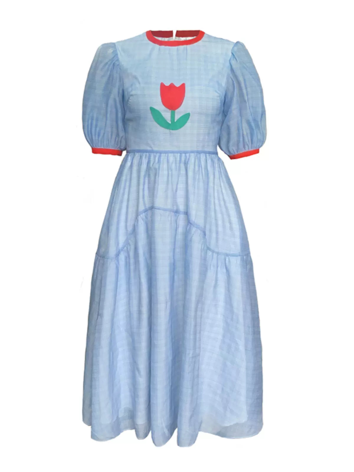 blue plaid tulip flower short-sleeved dress 