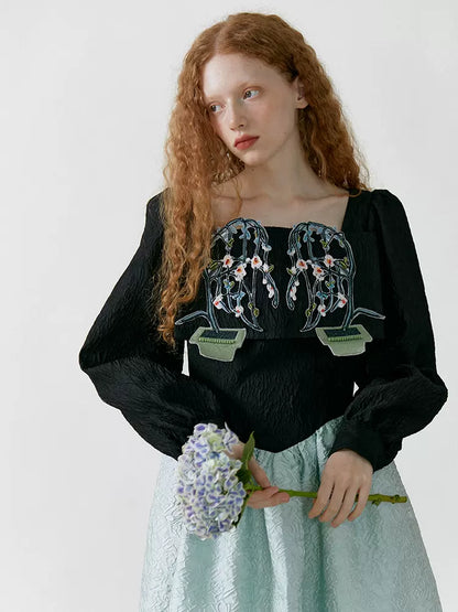 potted plant embroidery square collar dress 