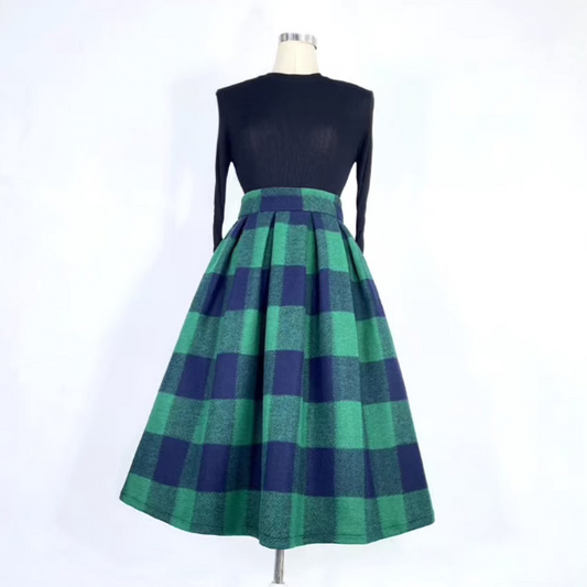 Contrast Color Plaid Woolen Skirt 