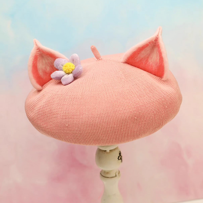 wool felt cute pink fox ears beret