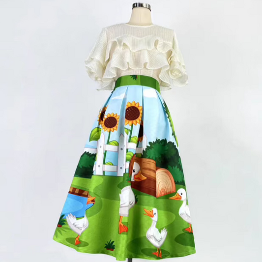 French style duck printed high-waisted skirt 