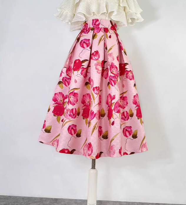 pink Hepburn elegant printed high-waisted puffy skirt