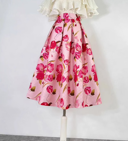 pink Hepburn elegant printed high-waisted puffy skirt 