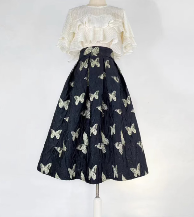 Butterfly retro embroidered high-waisted A-line fluffy skirt