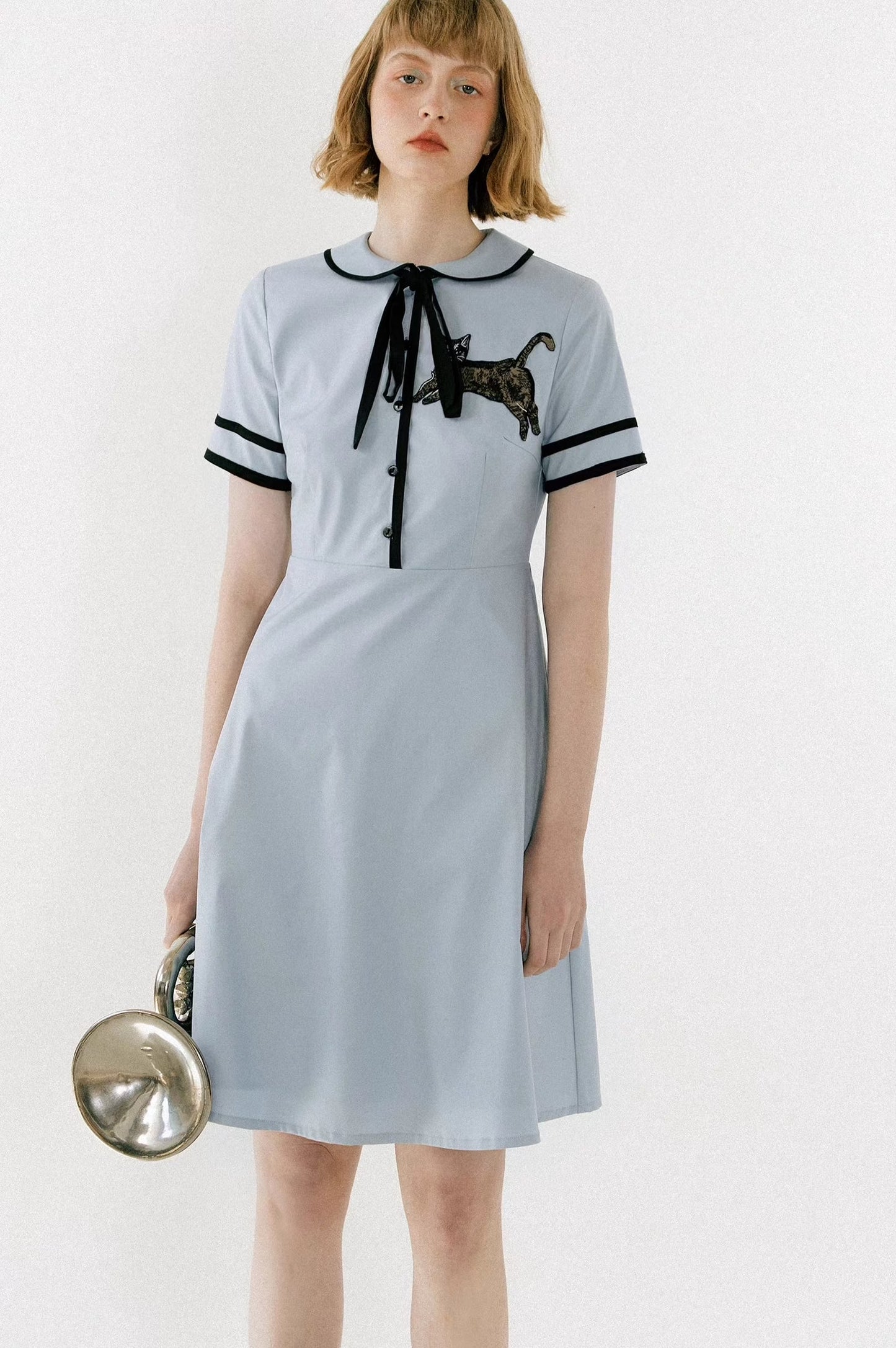 cat embroidered doll collar short-sleeved dress 