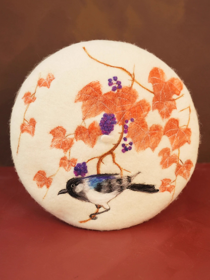 Chinese style ink painting flower and bird beret