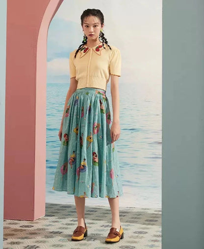 retro beauty printed elastic waist pleated skirt