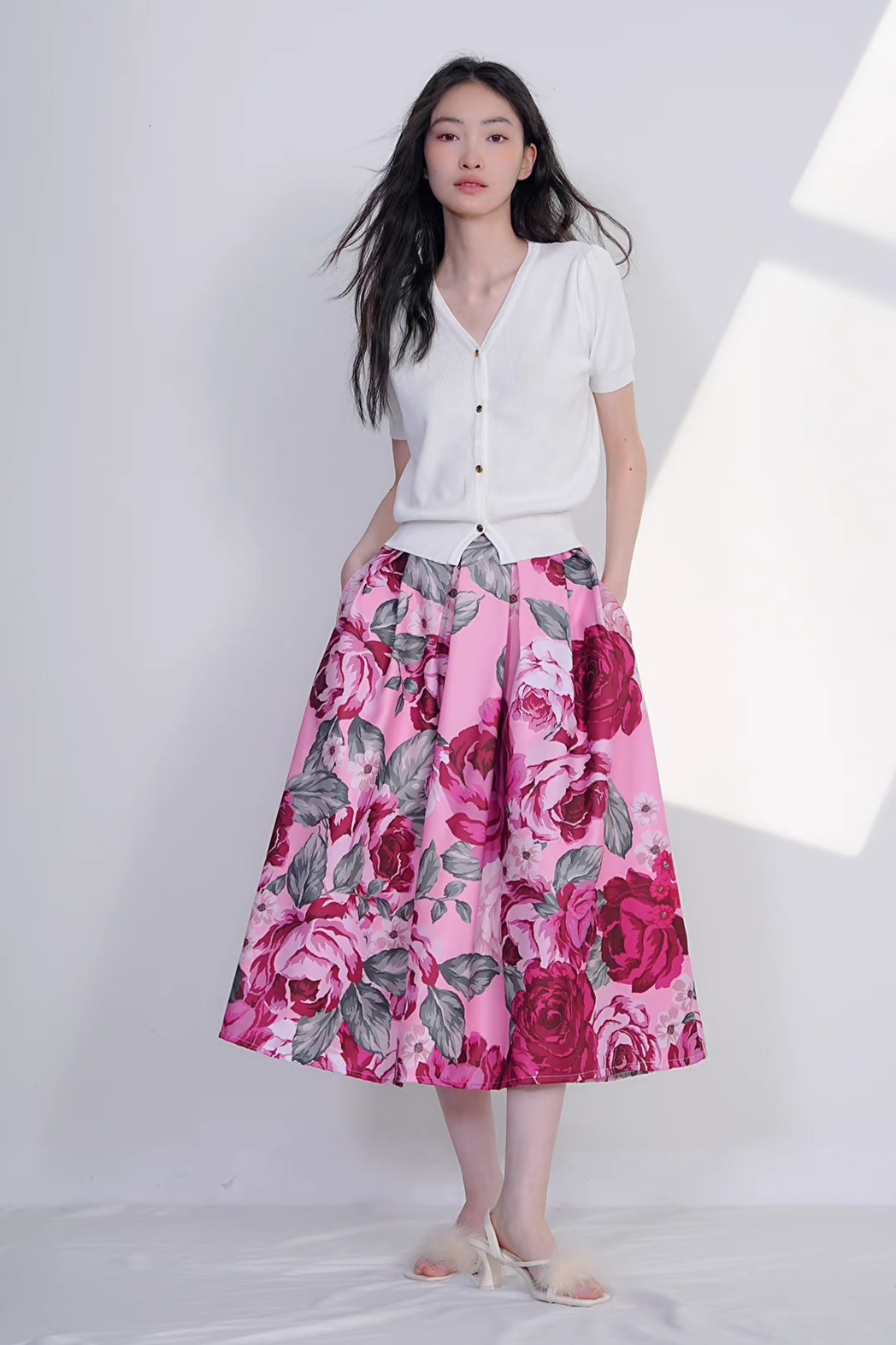 French elegant printed high-waisted skirt