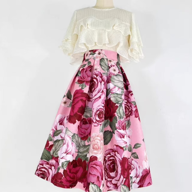 French elegant printed high-waisted skirt